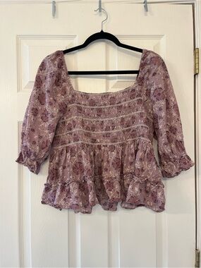 American Eagle Outfitters Lavender Floral Smocked Peasant Blouse